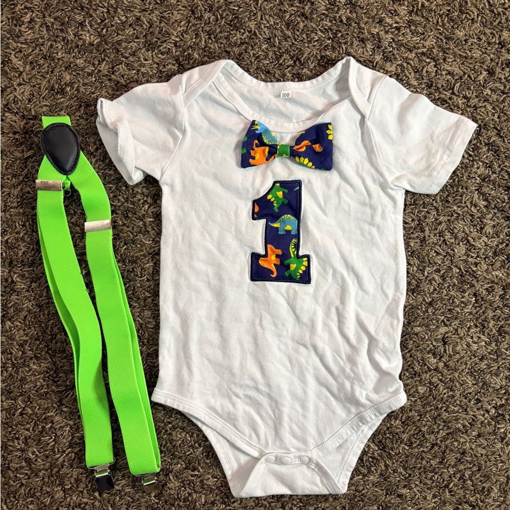 1 Yrs Old Birthday Outfit, One piece w| Matching Suspenders, Preowned
